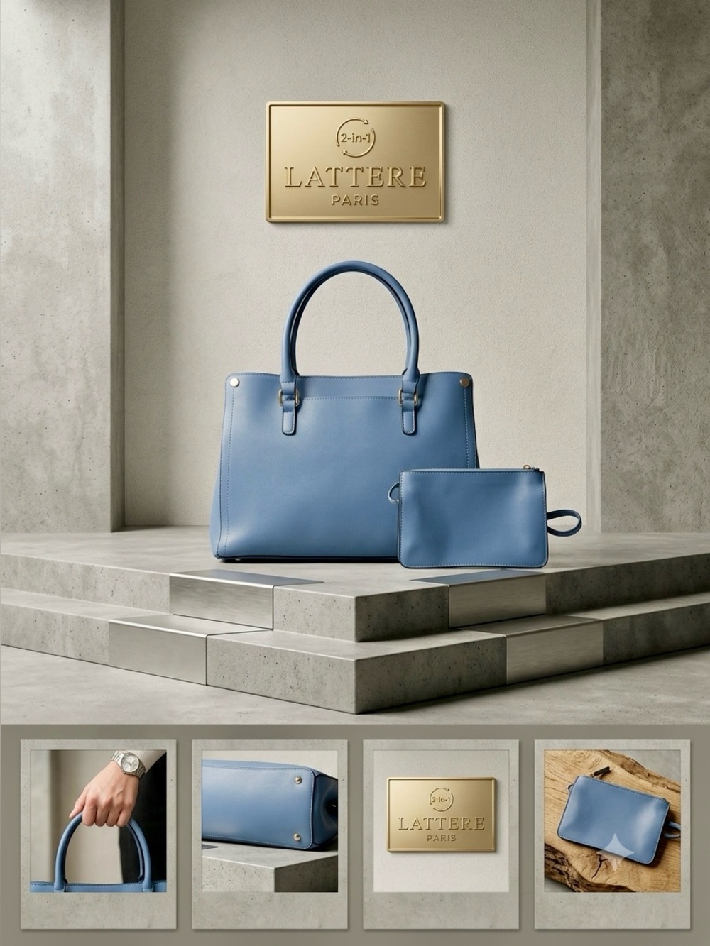 La Terre Sky Blue Vegan Leather Satchel with Matching Pouch